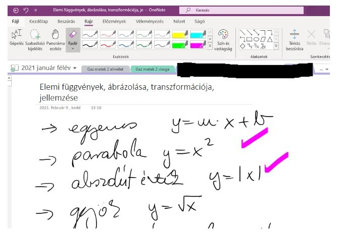OneNote-jegyzet egy óráról: függvények ábrázolása